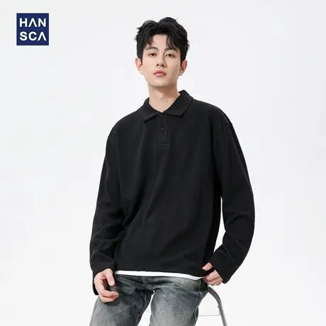 hansca黑色翻领长袖POLO衫男士2025新款提花条纹秋季撞色拼接上衣商品大图