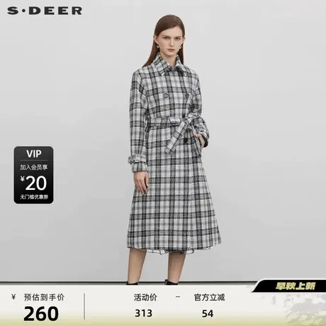 sdeer圣迪奥女装翻领收腰撞色格纹毛呢大衣S224Z2525商品大图