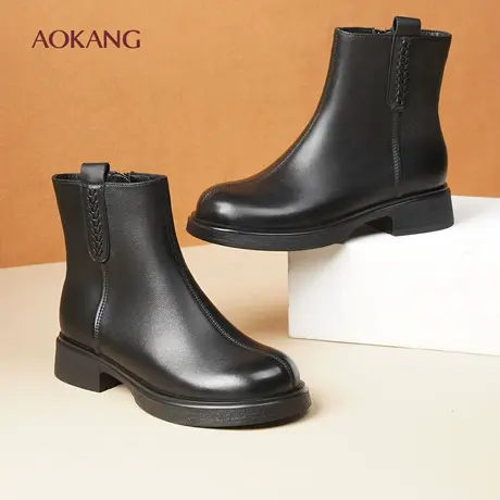 奥康 女鞋冬季新款切尔西靴真皮加绒保暖女靴羊皮粗跟短靴马丁靴L图片