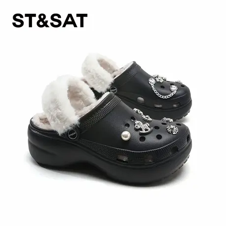 星期六加绒洞洞鞋冬季新款女士厚底增高包头拖鞋百搭保暖加厚棉拖商品大图