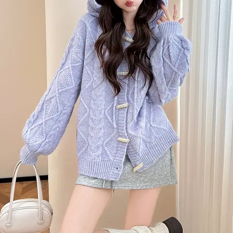 唐狮秋冬女毛衣仿牛角扣连帽开衫外套学院风可爱百搭宽松tu商品大图