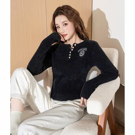 唐狮半开领毛织白色绒感打底衫女新款春季短款内搭长袖T恤wpTD图片