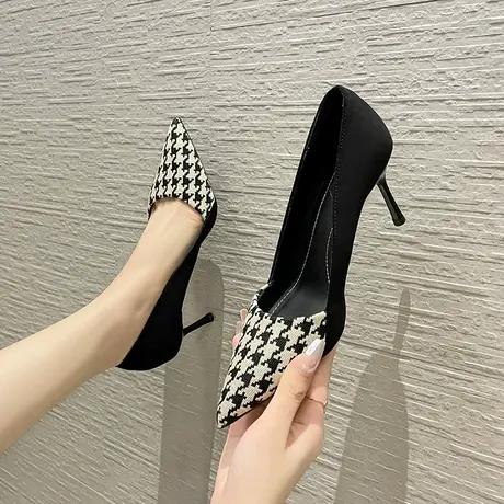 小香风单鞋女气质名媛2023新款拼色尖头细跟法式高跟鞋设计感小众商品大图