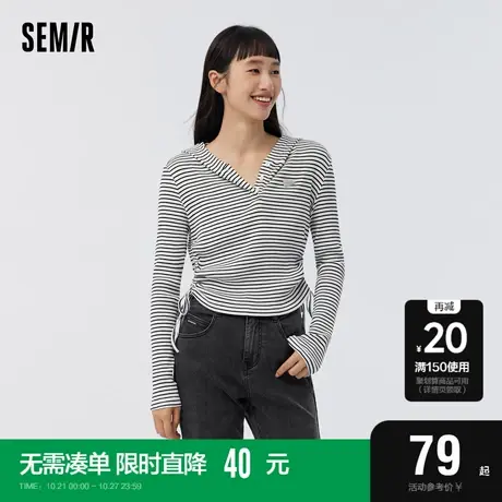 森马长袖T恤女短款修身小心机抽绳2023春新款气质连帽条纹衫百搭商品大图