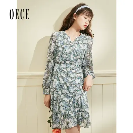 【买1送1】Oece春装女装复古法式碎花复古温柔V领收腰长袖连衣裙图片