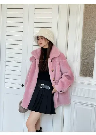 DPLAY慵懒翻领定制撞色树脂扣颗粒全羊毛外套图片