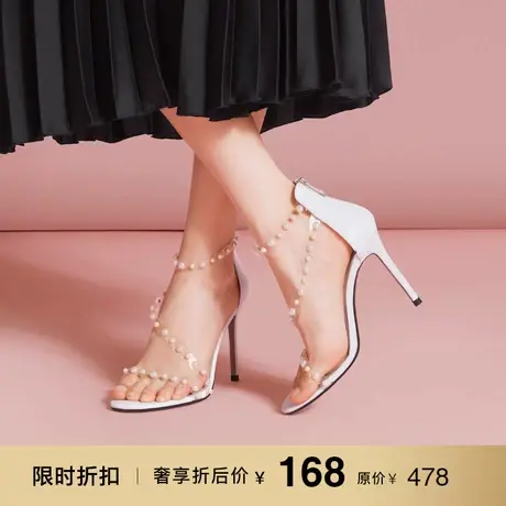 熙漫2023春夏新款露趾凉鞋气质珍珠拼接一字带高跟鞋细跟百搭女鞋图片