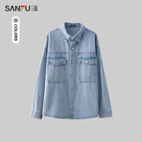 三福2024春男士工装口袋牛仔衬衫 休闲宽松翻领外套上衣479141商品大图