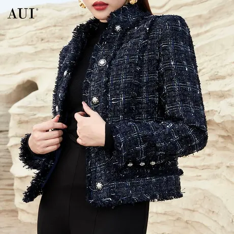 AUI藏青色短款小香风外套女2023秋冬新款高级感名媛精致修身上衣商品大图