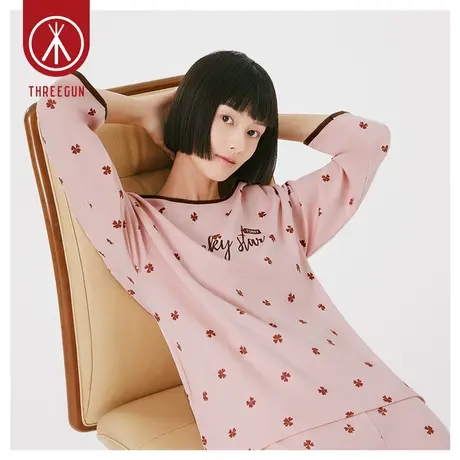 三枪家居服女纯棉四叶草印花春夏长袖长裤全棉可爱俏皮女士睡衣套商品大图