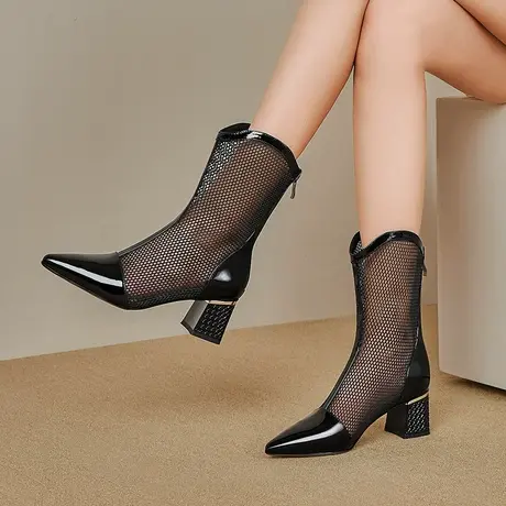 夏天穿尖头镂空中筒靴女粗跟气质高跟时尚网纱凉靴女真皮亮漆网靴商品大图