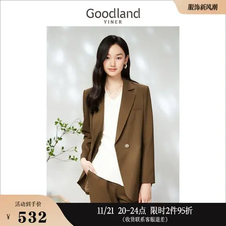 Goodland美地女装2023春季通勤咖啡色一粒扣休闲西装短外套商品大图