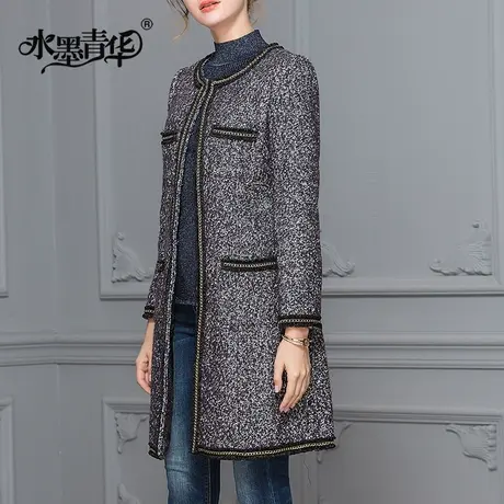 水墨青华2024春季新品中长款过膝百搭外套女时尚显瘦毛呢保暖大衣图片
