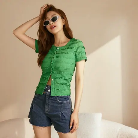 桔熊夏甜美蕾丝提花针织衫小外套合身上衣女微胖妹妹大码AB18764图片