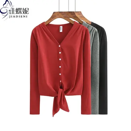 春秋季新款开衫韩版纯棉下摆开叉长袖体恤上衣防晒衫女装纯色T恤商品大图