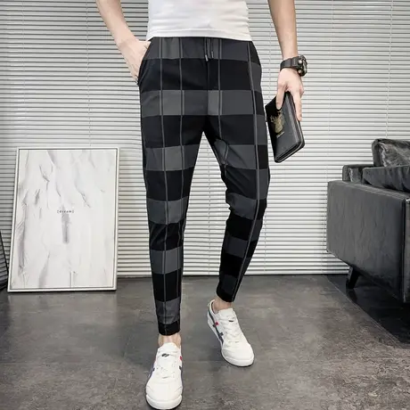 夏季男士裤子修身潮流薄款网红潮牌小脚格子网红个性时尚休闲裤图片