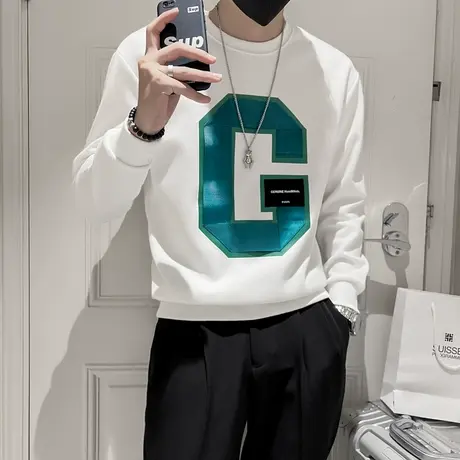 圆领卫衣男春秋款字母印花无帽上衣ins潮牌修身休闲套头体恤外套商品大图