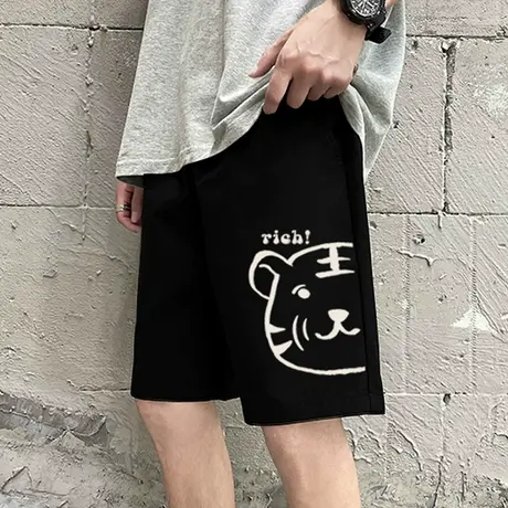 港风休闲短裤男宽松ins潮牌卫裤直筒老虎头夏季新款运动五分裤子图片