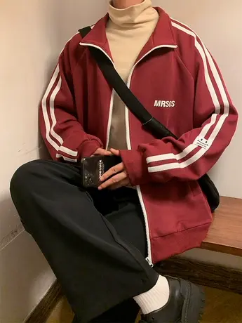 侧边条纹国潮卫衣男春秋季港风潮牌运动宽松夹克休闲开衫撞色外套商品大图