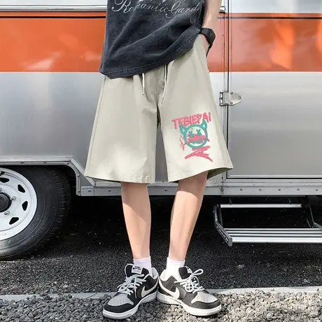 冰丝短裤男夏季潮牌小恶魔印花休闲美式高街港风运动五分沙滩裤子商品大图