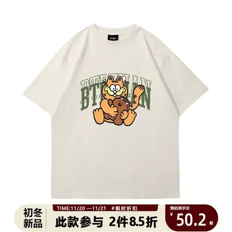 潮牌夏季男士短袖t恤女宽松半袖圆领加菲猫联名美式复古落肩袖图片