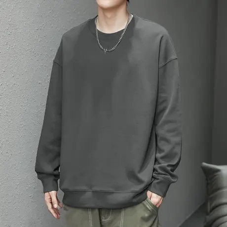 350g重磅卫衣男2024新款圆领套头无帽长袖t恤纯色上衣服潮流宽松商品大图