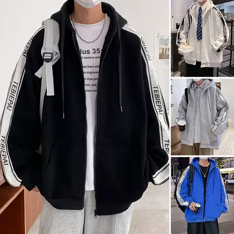 条纹连帽卫衣外套男潮牌美式高街宽松上衣学生春秋季加绒加厚帽衫商品大图