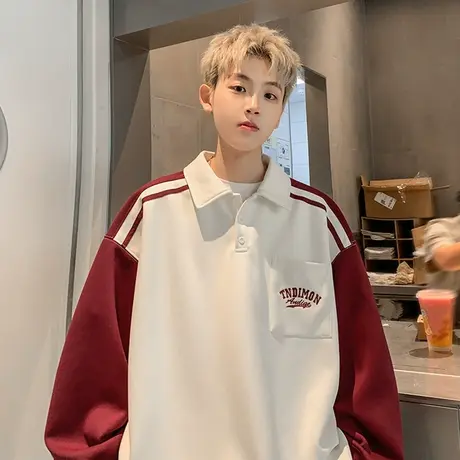 秋季新款撞色拼接刺绣字母翻领卫衣男oversize潮流宽松长袖polo衫图片