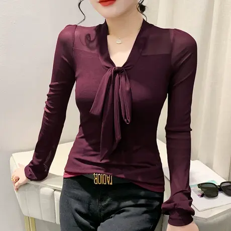 复古气质网纱T恤女长袖春秋性感V领系带上衣时尚修身内搭打底小衫商品大图