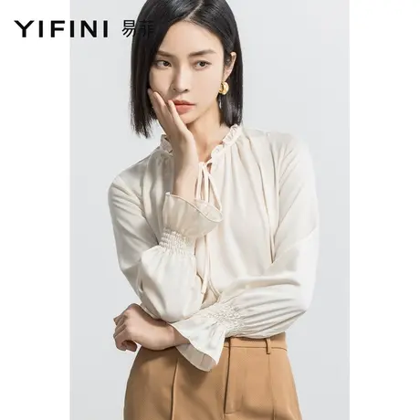 通勤时尚套头衬衫女春秋新款百搭木耳边荷叶领长袖宽松上衣商品大图