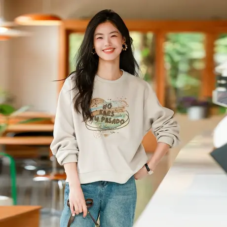 时尚气质休闲卫衣2023年秋季新款淑女温柔圆领宽松显瘦通勤上衣图片
