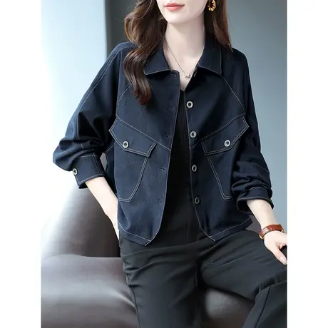 宝诗黎翻领长袖牛仔外套女短款2023年早秋新款单排扣开衫时尚上衣商品大图