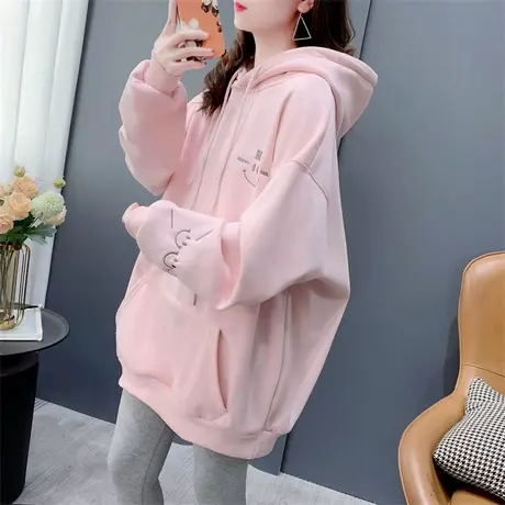 中长款刺绣加绒连帽卫衣女士秋冬2023年新款宽松慵懒风休闲上衣潮商品大图