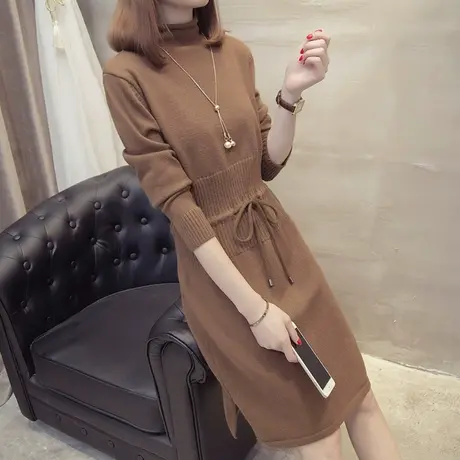 半高领套头毛衣裙女秋冬季新款韩版宽松洋气中长款打底衫加厚毛衣商品大图