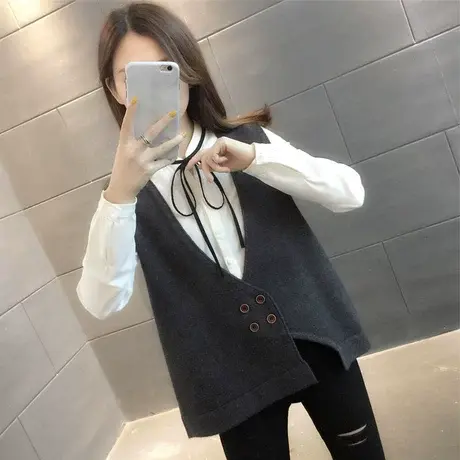 V领套头女士毛衣宽松时尚背心针织衫女小马甲纯色上衣女马甲背心商品大图