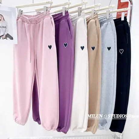 2023春秋款小个子运动休闲裤子韩版设计感纯色束脚卫裤欧货粉灰色商品大图