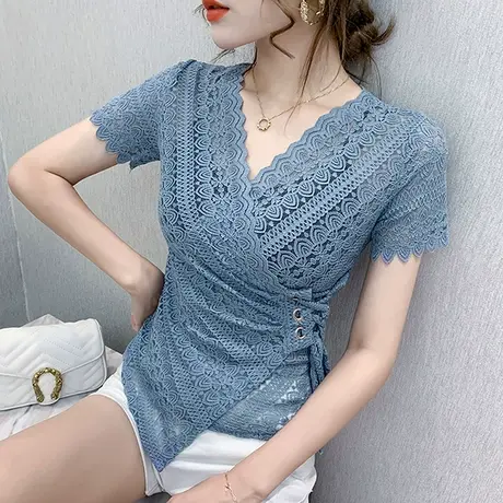 性感镂空蕾丝衫女短袖欧货气质交叉V领上衣设计感抽绳收腰小衫夏商品大图