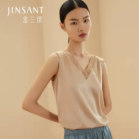 金三塔桑蚕丝[丝滑舒适]V领无袖背心女 薄款丝绸弹力无痕打底衫商品大图