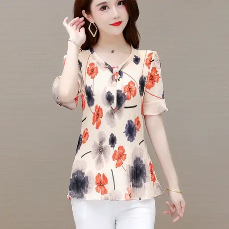 2023年夏季新款短袖雪纺衫女显瘦遮肚气质名媛宽松压褶碎花打底衫商品大图