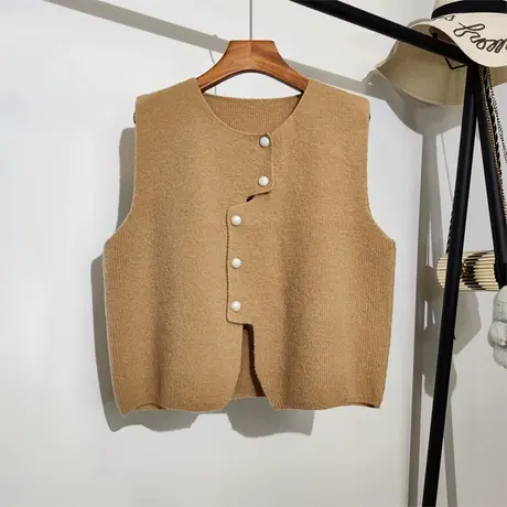 针织马甲背心女开衫春秋新款韩版不规则系扣学生无袖毛衣坎肩外套商品大图