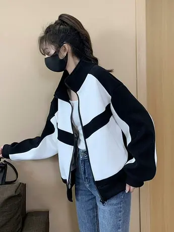 美式复古拼色短款棒球服外套女春秋2023年新款高级感炸街夹克上衣商品大图