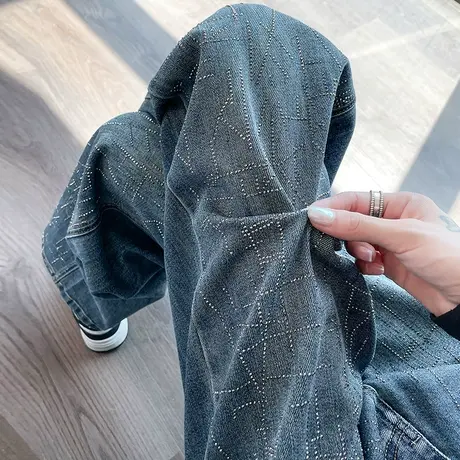 高腰阔腿牛仔裤女春秋2023新款显瘦百搭垂感烫钻设计感直筒拖地裤商品大图