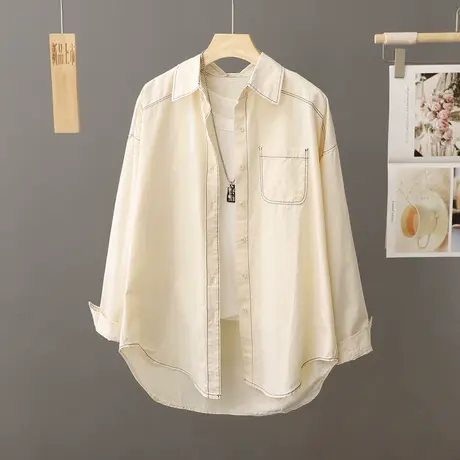 设计感小众洋气衬衫女休闲上衣中长款宽松外搭衬衣叠穿春秋薄外套图片