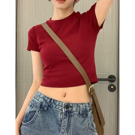爆款显白短款红色短袖T恤女夏季2024年新款修身辣妹显瘦圆领上衣图片