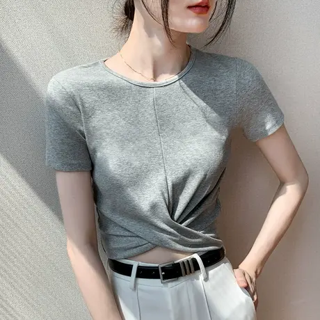 韩版设计感小众短袖T恤女2023夏季新款交叉螺纹短款露脐性感上衣商品大图