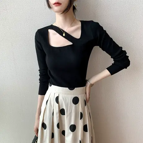 长袖T恤女不规则小众设计内搭外穿修身显瘦2023春季新款方领上衣商品大图