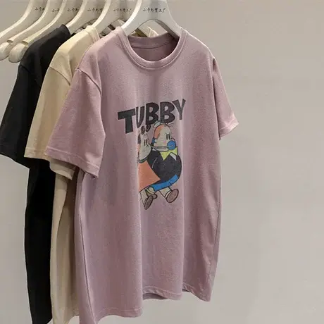 版型chao满意的~美式复古做旧字母印花圆领短袖T恤宽松休闲上衣图片