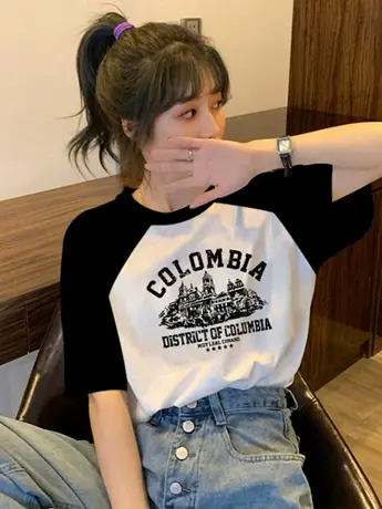 仿棉短袖t恤女2023年新款夏季港味chic冷淡系高级感撞色正肩上衣商品大图