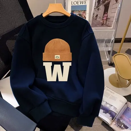 原宿风加绒胖mm女装秋冬复古蓝色卫衣ins潮大码美式圆领外套上衣图片