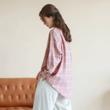 【买一送一】秋新品文艺复古格子长袖衬衫大码纯棉宽松显瘦衬衣商品大图